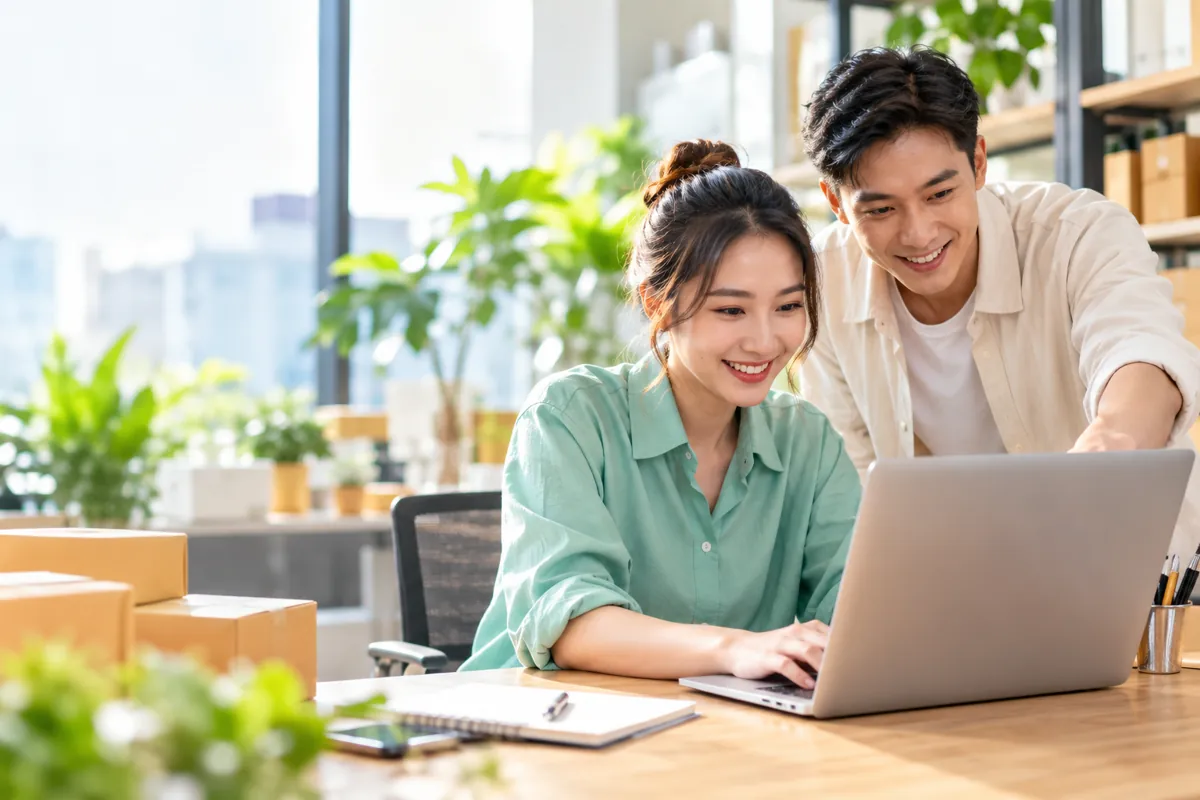 Hai đồng nghiệp đang cùng làm việc trên laptop trong văn phòng hiện đại